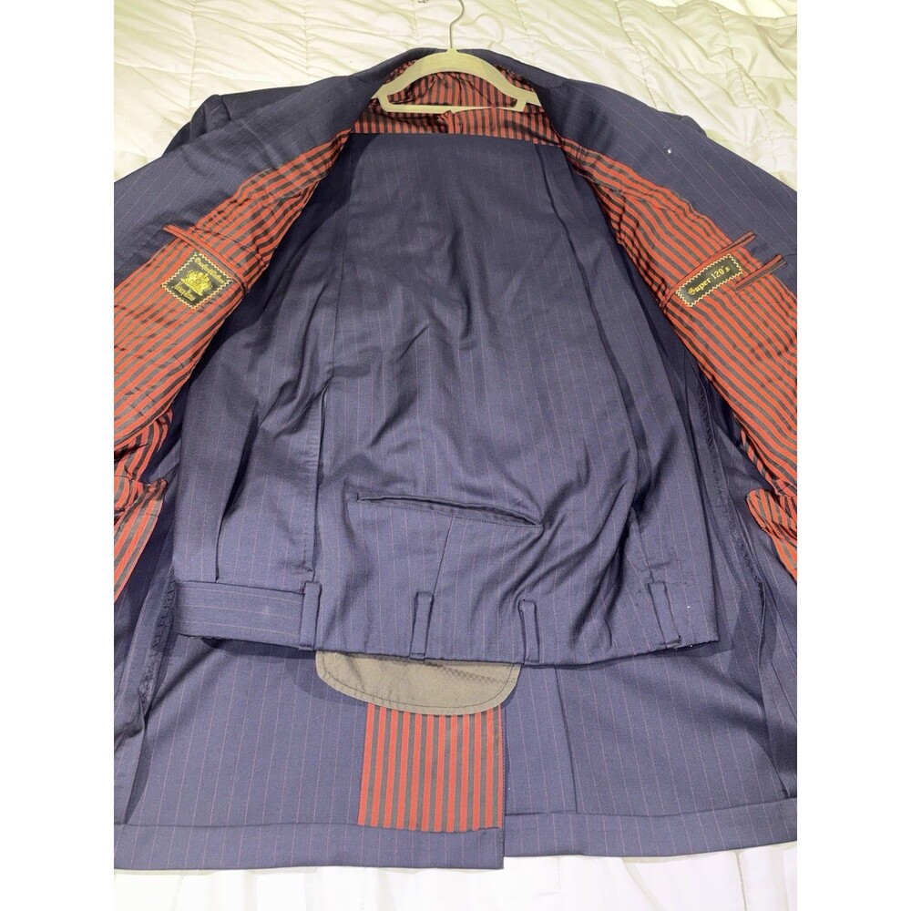 Oxxford Clothes Navy Pinstriped 2 Button Super 120 Suit Sz 43 R 38 W